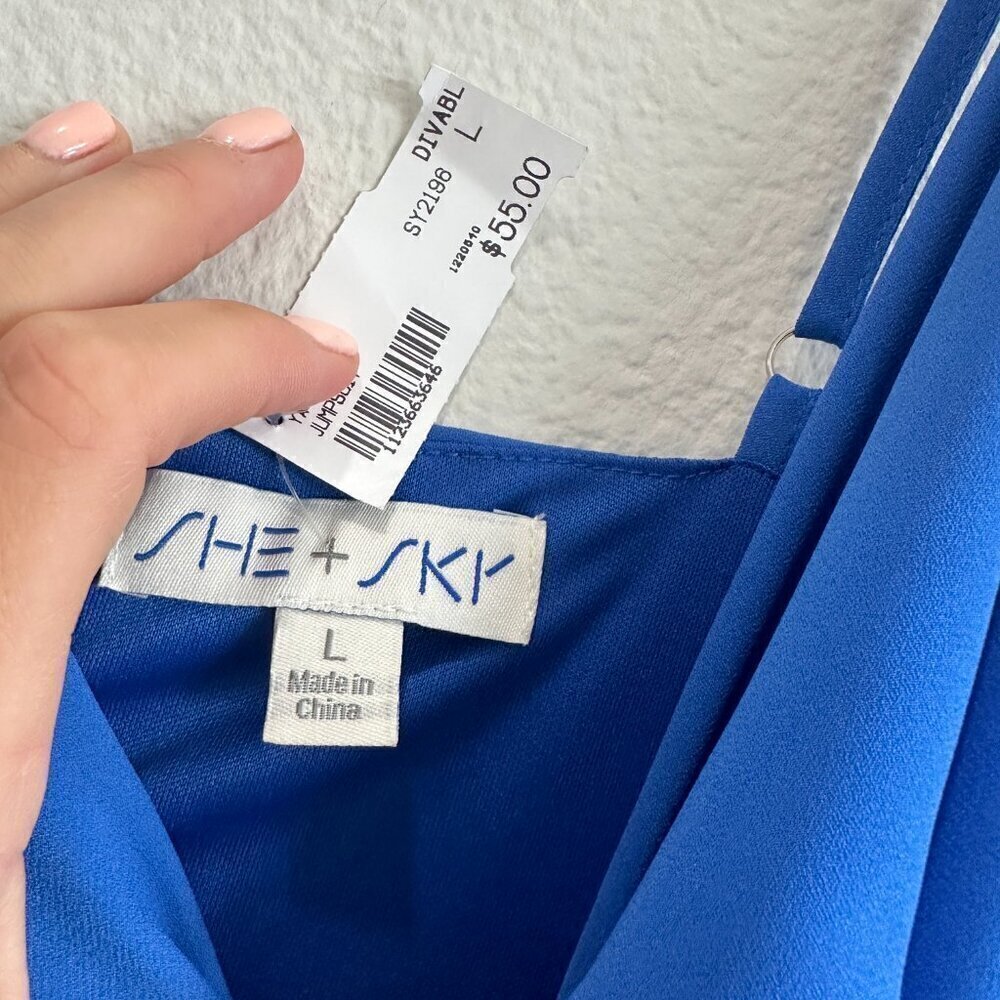 She + Sky Royal Blue Cowl Neck Spaghetti Strap Wide Leg Jumpsuit - Picture 7 of 8